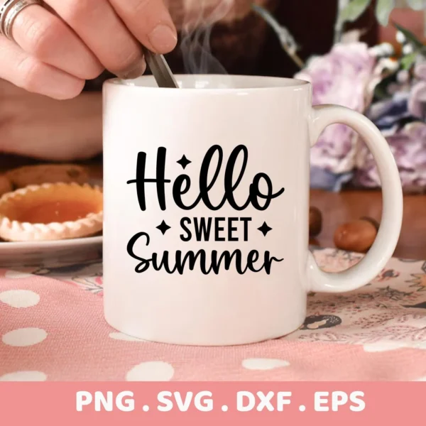 Close-up of a white mug with the text "Hello Sweet Summer" in black script, showcasing a Sweet Summer SVG Cricut Design available as a digital download bundle (SVG, PNG, DXF, EPS).