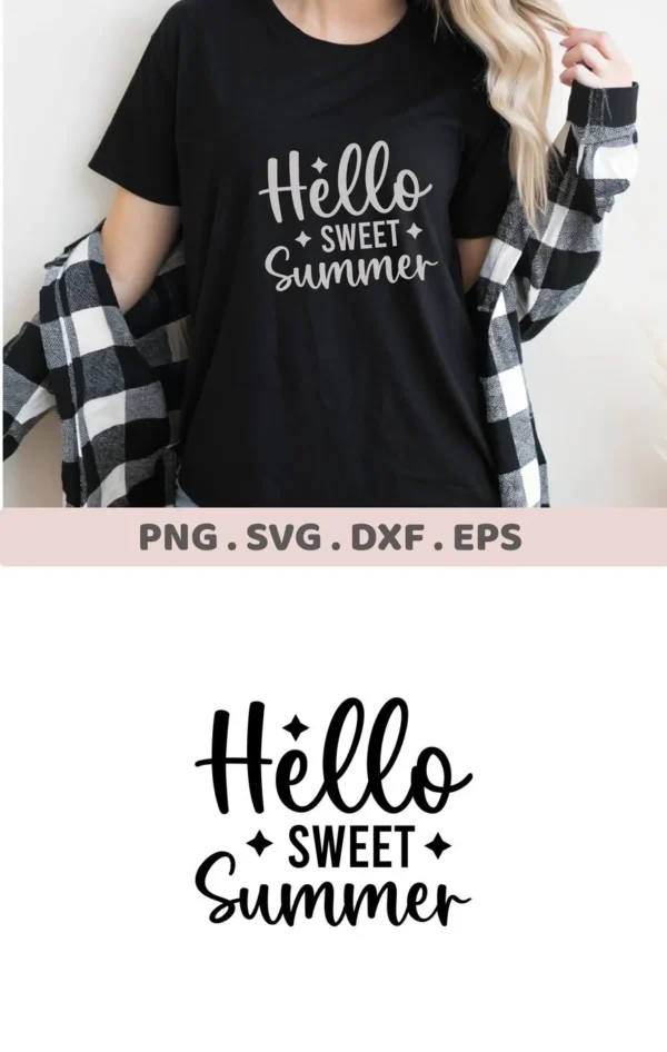 A woman wearing a black t-shirt with the text "Hello Sweet Summer" in a decorative font, showcasing a Sweet Summer SVG Cricut Design, part of a digital download bundle including SVG and PNG files.
