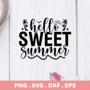 Hello Sweet Summer SVG" design featuring palm trees and a sun, presented as a digital download bundle including SVG and PNG formats.