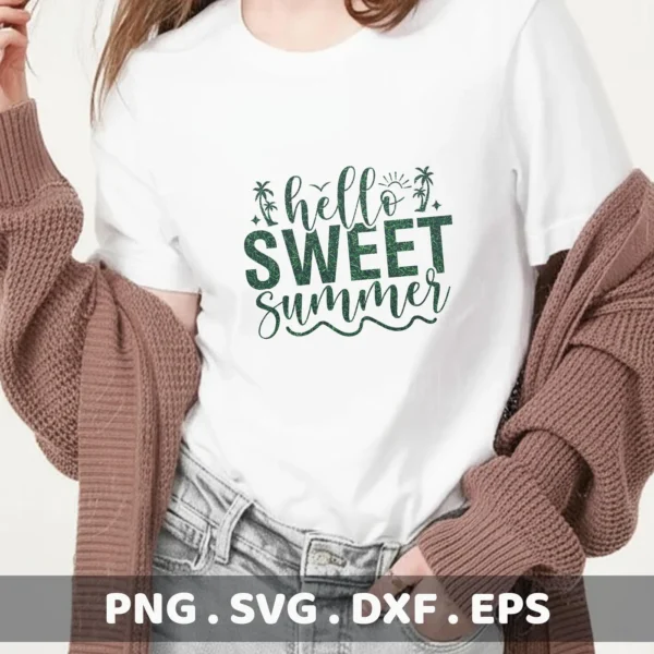 A woman wearing a white t-shirt with a "Hello Sweet Summer SVG" design, featuring palm trees and a sun, is shown; this is a digital download bundle including SVG and PNG files.