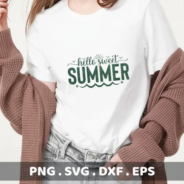 A woman wearing a white t-shirt with the green text "Hello Sweet Summer" design, showcasing a digital download bundle (SVG, PNG).