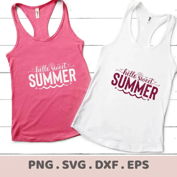 Two tank tops, one pink and one white, display the "Hello Sweet Summer" design, showcasing a digital download bundle (SVG, PNG).