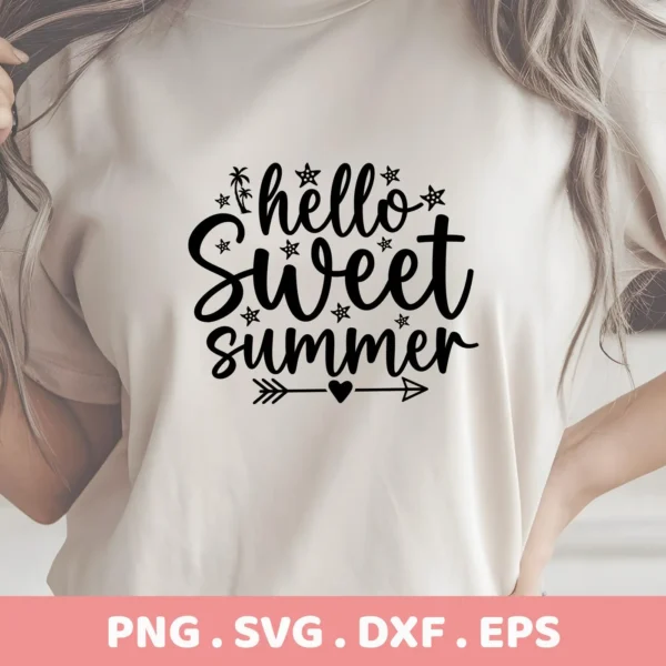 Close-up of a woman's torso wearing a t-shirt with the black text "Hello Sweet Summer" decorated with stars, palm trees, and an arrow with a heart, representing a Hello Sweet Summer SVG digital download bundle.