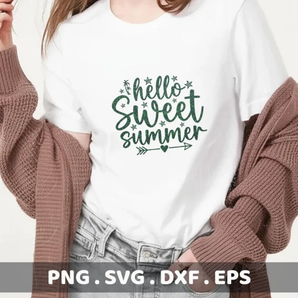 A woman wearing a white t-shirt with a green glittery "Hello Sweet Summer" design, showcasing a digital download bundle (SVG, PNG).