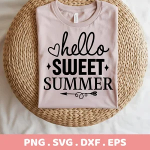 A light pink t-shirt with the text "Hello Sweet Summer" in black, displayed on a woven round surface, representing a Hello Sweet Summer SVG digital download bundle (SVG, PNG).