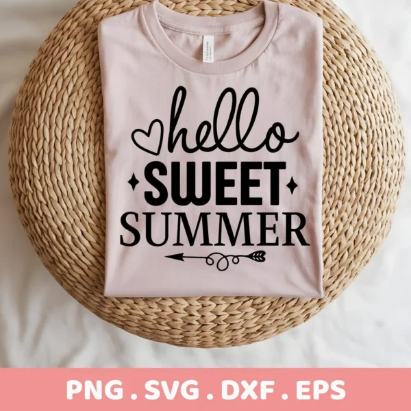 A light pink t-shirt with the text "Hello Sweet Summer" in black, displayed on a woven round surface, representing a Hello Sweet Summer SVG digital download bundle (SVG, PNG).