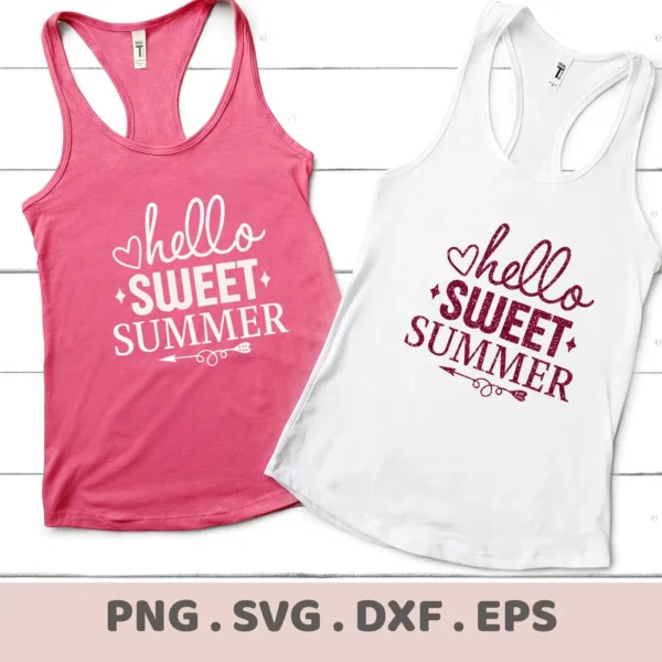 Two tank tops, one pink and one white, display the "Hello Sweet Summer" design, showcasing a digital download bundle including SVG and PNG files.