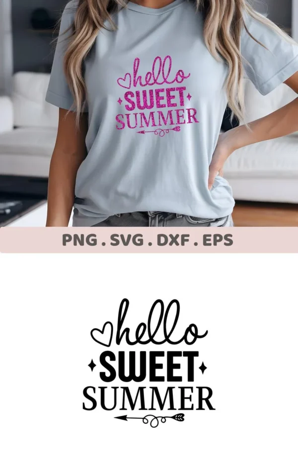 A woman models a light blue t-shirt with the pink glittery text "Hello Sweet Summer" design, showcasing the digital download bundle (SVG, PNG).