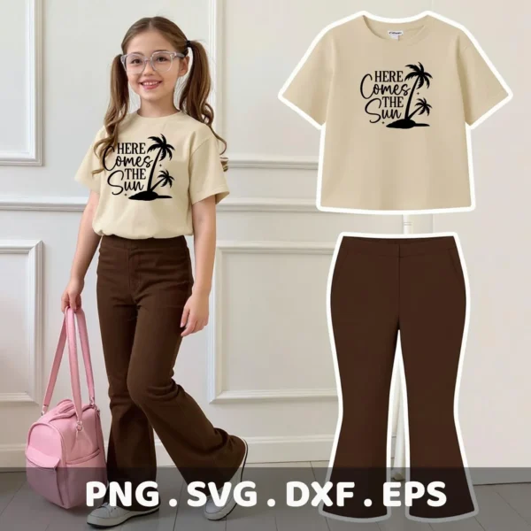 A young girl models a beige t-shirt with a "Here Comes The Sun" SVG File design featuring palm trees; the image advertises a digital download bundle including SVG and PNG formats.