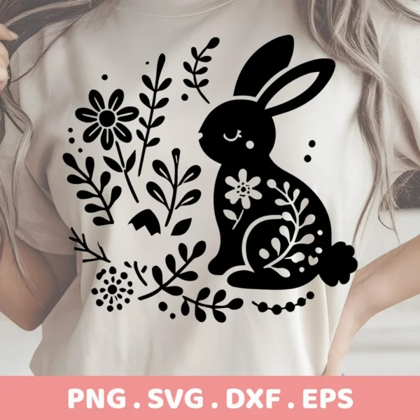 A woman wears a t-shirt with a black silhouette of a rabbit surrounded by floral elements, showcasing a digital download bundle including PNG, SVG, DXF, and EPS files.