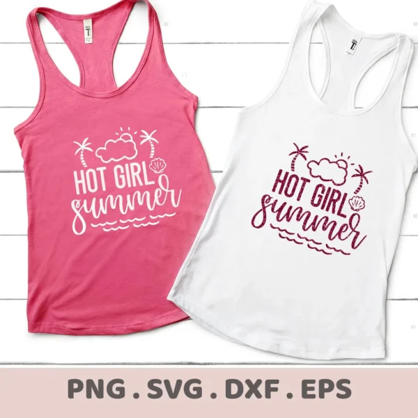 Two tank tops, one pink and one white, display a "Hot Girl Summer" design with palm trees, a seashell, and wavy lines, representing a Seashell Summer SVG Cricut Design available as a digital download bundle (SVG, PNG).
