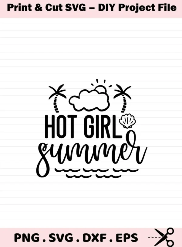 Black and white vector graphic featuring the phrase "Hot Girl Summer" with palm trees, a sun behind a cloud, a seashell, and wavy lines representing water, offered as a Seashell Summer SVG Cricut Design digital download bundle.