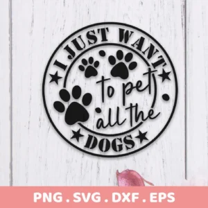 A circular "Pet All Dogs SVG" design with paw prints and stars, presented as a digital download bundle (SVG, PNG).
