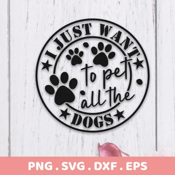 A circular "Pet All Dogs SVG" design with paw prints and stars, presented as a digital download bundle (SVG, PNG).