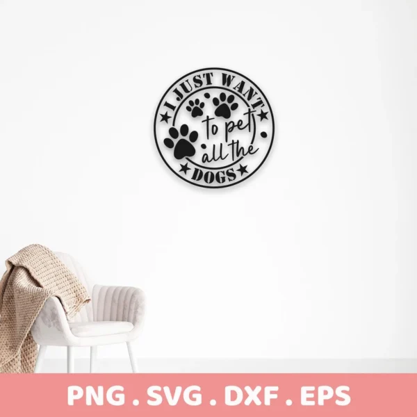 A digital download bundle featuring a "Pet All Dogs SVG" design with paw prints and stars, available in SVG and PNG formats.