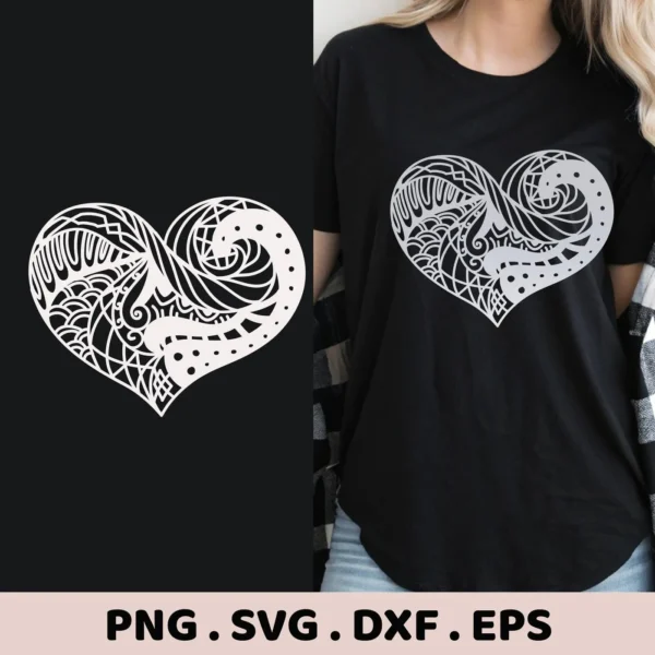 Intricate, stylized heart design, shown as a standalone graphic and on a black t-shirt, representing an "IDGAF-ISH Today SVG Design" digital download bundle (SVG, PNG).