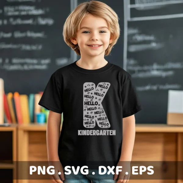 A young child smiles wearing a black t-shirt with a "Kindergarten Letter K SVG" design filled with "Hello" text, representing a digital download bundle (SVG, PNG).