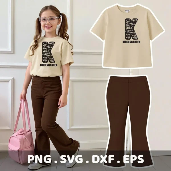 A young girl models a beige t-shirt with a "Kindergarten Letter K SVG" design made of the word "Hello," shown alongside a digital download bundle mockup including the shirt and brown pants in SVG and PNG formats.