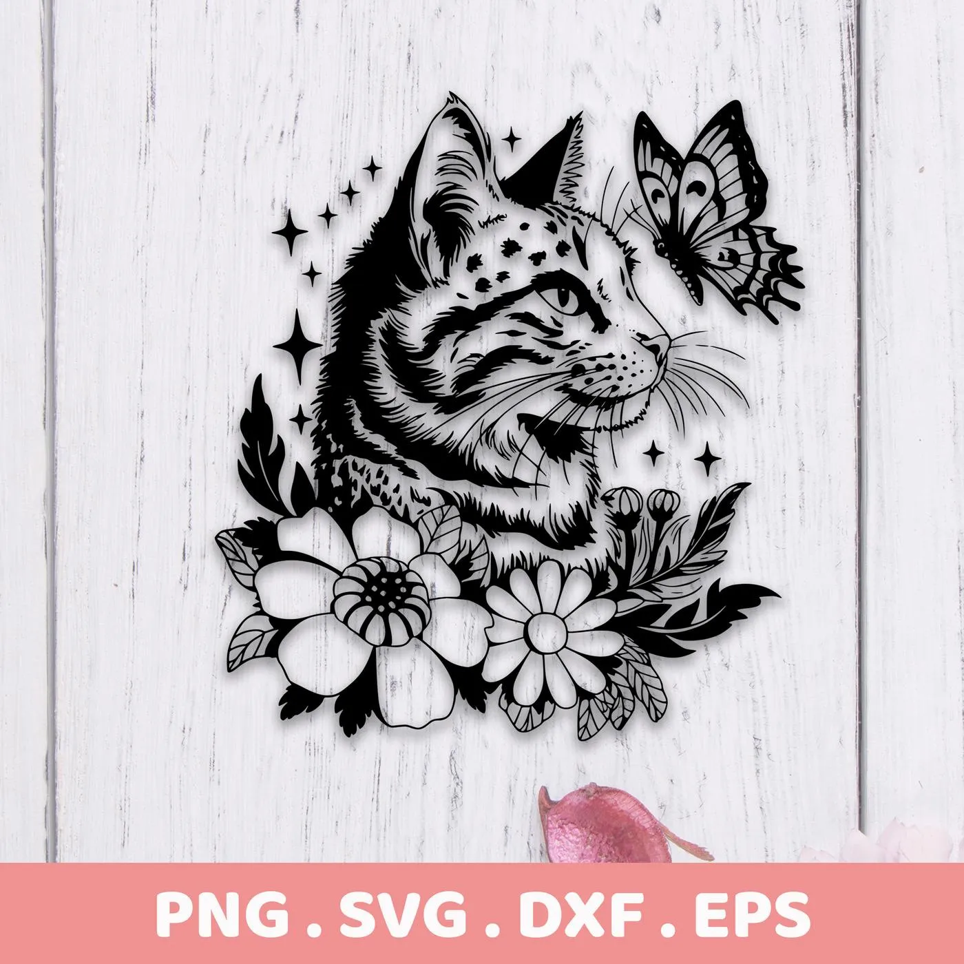 Black and white floral cat SVG design featuring a leopard-patterned cat head with a butterfly, surrounded by flowers and stars; a digital download bundle including SVG and PNG files.