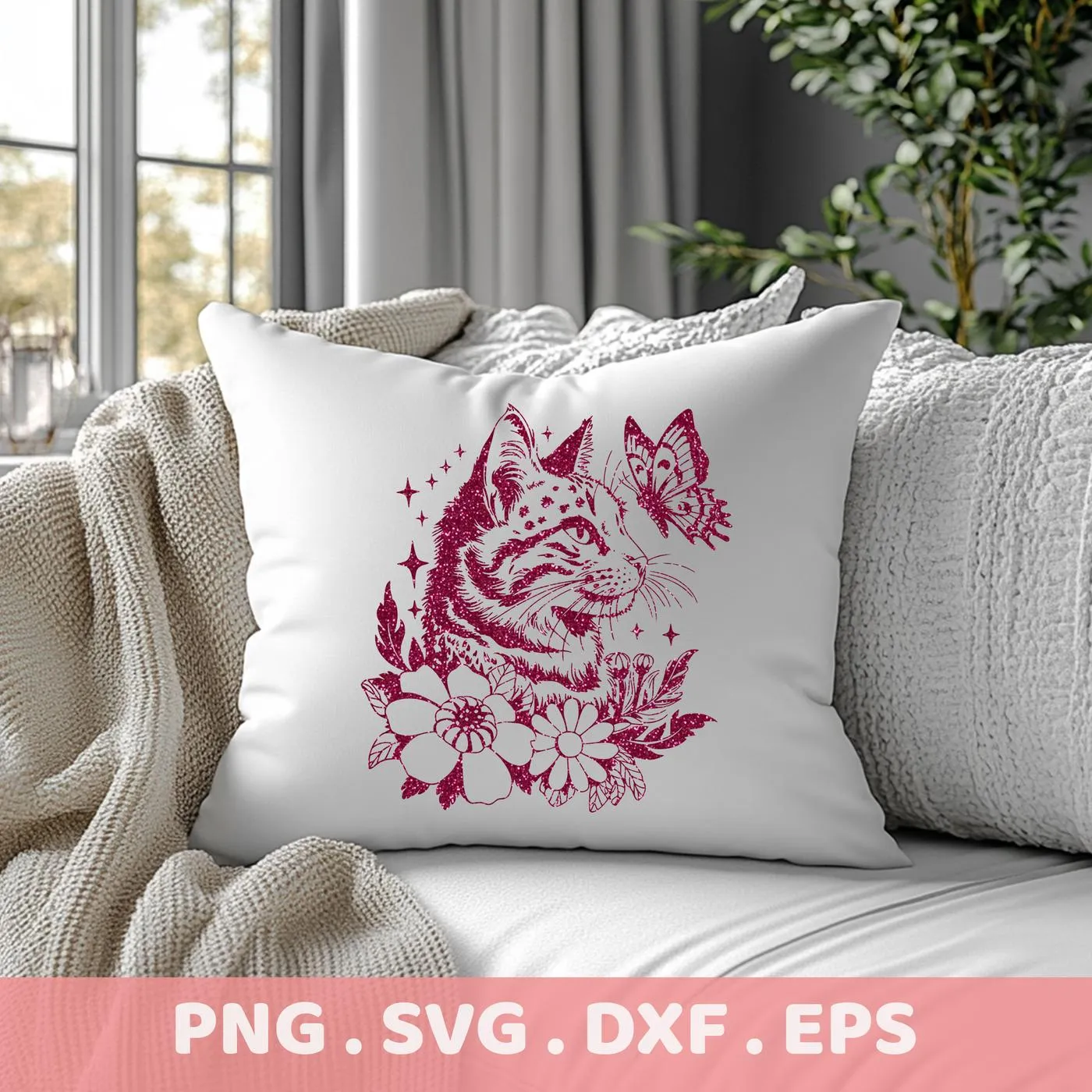 Close-up of a white throw pillow displaying a floral cat SVG design, featuring a stylized cat head with a butterfly and floral elements, indicating a digital download bundle (SVG, PNG).