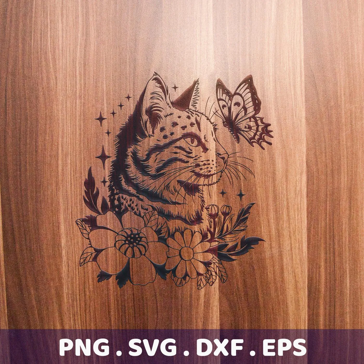 A floral cat SVG design featuring a leopard-spotted cat head with a butterfly and flowers, presented as a digital download bundle (SVG, PNG).
