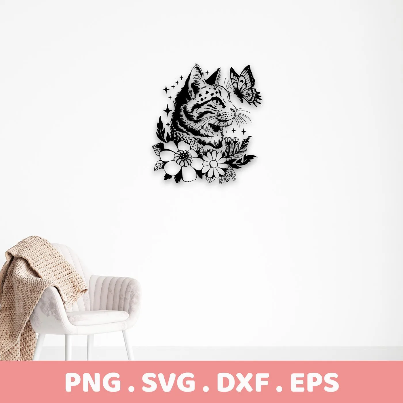 Black and white floral cat SVG design with a butterfly, part of a digital download bundle including SVG and PNG files.