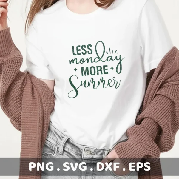 A woman wearing a white t-shirt with the text "Less Monday More Summer" in a decorative font, showcasing a digital download bundle including SVG and PNG files.