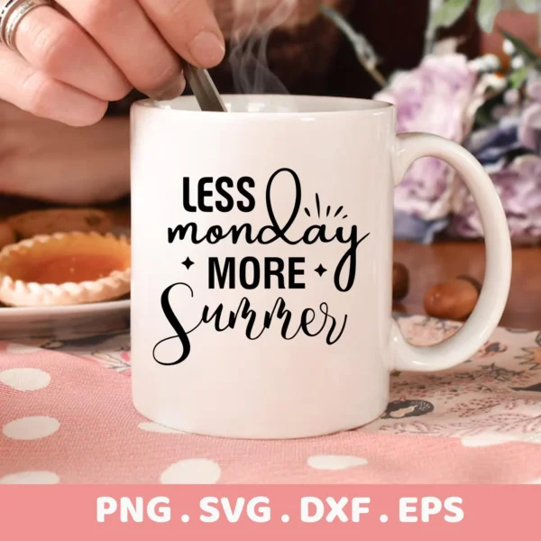 A white mug with the text "Less Monday More Summer" is shown, representing a digital download bundle including SVG and PNG files.