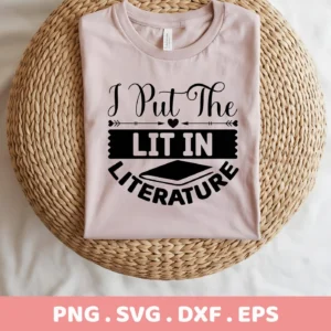 A light pink t-shirt mockup displaying the design "I Put The Lit In Literature" with a book graphic, representing a Lit Literature Back-to-School SVG digital download bundle for crafting.