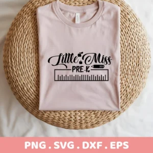 A light pink t-shirt with a "Little Miss Pre-K" design featuring an apple, pencil, and ruler graphic, presented as a digital download bundle (SVG, PNG).