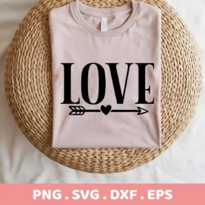 A light pink t-shirt with a "Love Arrow SVG Design" featuring the word "LOVE" above an arrow with a heart in the middle, presented as a digital download bundle (SVG, PNG).