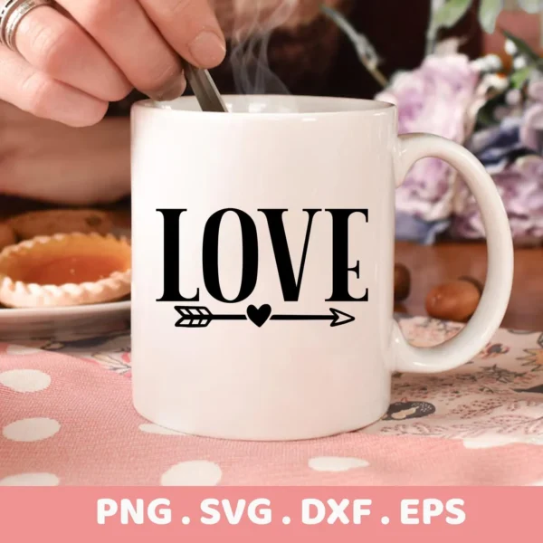 A white mug featuring a "Love Arrow SVG Design" with the word "LOVE" above an arrow with a heart in the center, presented as a digital download bundle (SVG, PNG).