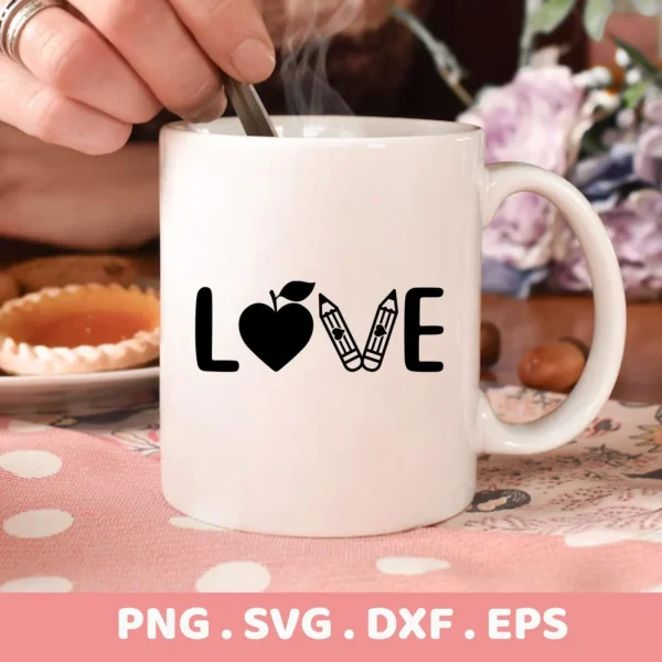 White mug with "Teacher Love SVG" design, part of digital download for back-to-school classroom decor.