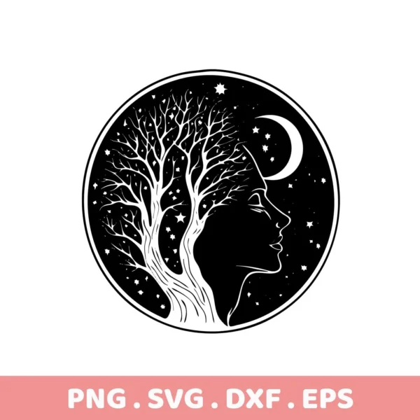 Mother Nature SVG Design: A circular silhouette design featuring a woman's profile with a tree forming the back of her head, set against a starry night sky with a crescent moon; a digital download bundle including SVG and PNG files.