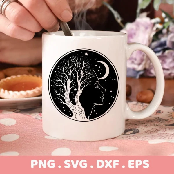 Close-up of a white mug featuring a Mother Nature SVG Design, a celestial woman silhouette with a tree and moon, available as a digital download bundle in SVG and PNG formats.