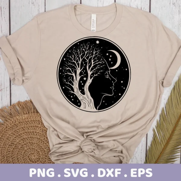 T-shirt mockup featuring a circular Mother Nature SVG design with a woman's silhouette merging with a tree, surrounded by stars and a crescent moon; a digital download bundle including SVG and PNG files.