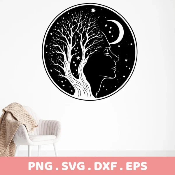 Mother Nature SVG Design: A black and white silhouette of a woman's profile with a tree forming her hair, set against a starry night sky and crescent moon within a circular frame; a digital download bundle including SVG and PNG formats.