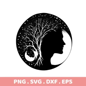 Silhouette of a woman's profile merging with a tree under a starry sky and crescent moon, representing a Mother Nature Mom SVG File, available as a digital download bundle (SVG, PNG).