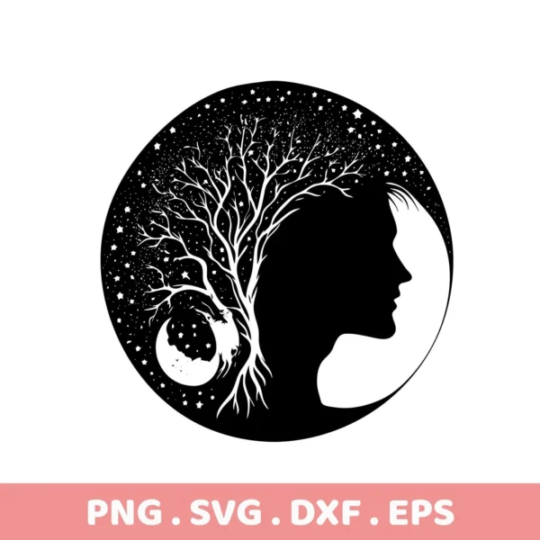 Silhouette of a woman's profile merging with a tree under a starry sky and crescent moon, representing a Mother Nature Mom SVG File, available as a digital download bundle (SVG, PNG).