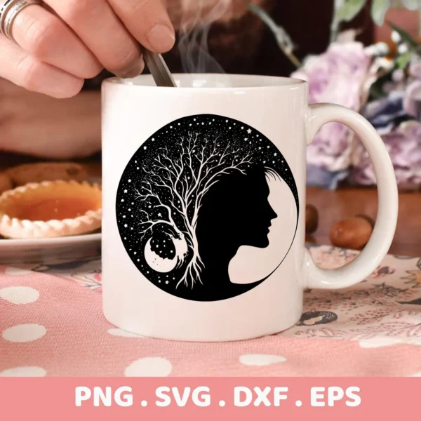 Close-up of a white mug featuring a black silhouette design of a woman's profile merging with a tree under a starry sky, representing a Mother Nature Mom SVG File digital download bundle (SVG, PNG).