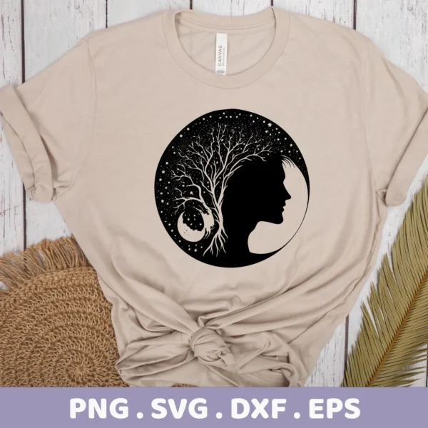 T-shirt mockup featuring a black silhouette design of a woman's profile merging with a tree and moon against a starry background, representing a Mother Nature Mom SVG file available as a digital download bundle (SVG, PNG).