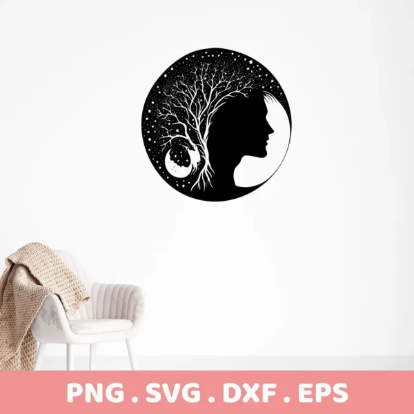 Black silhouette of a woman's profile merging with a tree under a starry sky and crescent moon, representing a Mother Nature Mom SVG File, available as a digital download bundle including SVG and PNG formats.