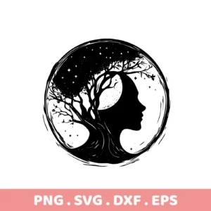 Black and white silhouette of a woman's profile merging with a tree under a starry sky, representing Mother Nature, available as a digital download bundle including SVG and PNG formats for Cricut and other cutting machines.
