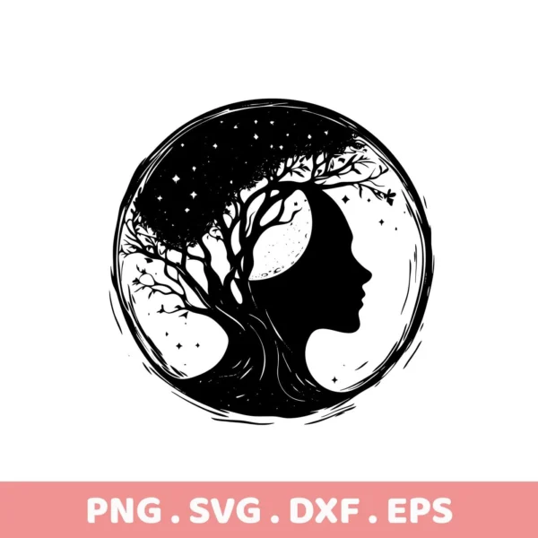 Black and white silhouette of a woman's profile merging with a tree under a starry sky, representing Mother Nature, available as a digital download bundle including SVG and PNG formats for Cricut and other cutting machines.