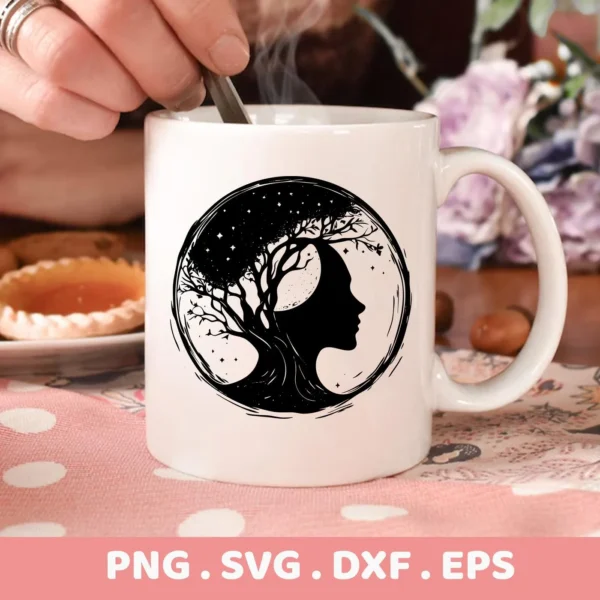 Close-up of a white mug featuring a black silhouette design of a tree whose branches form the hair of a woman's profile, representing a Mother Nature SVG for Cricut, available as a digital download bundle including SVG and PNG formats.
