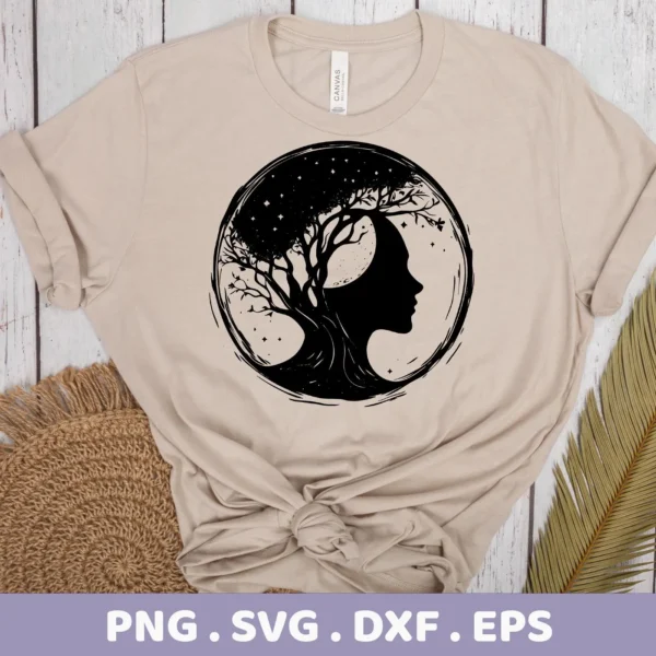A beige t-shirt displays a black silhouette design of a woman's profile seamlessly merging with a tree, its branches reaching upwards into a starry night sky, representing a Mother Nature SVG for Cricut digital download bundle (SVG, PNG).