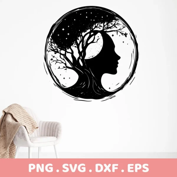 Black and white silhouette of a woman's profile with a tree forming the hair and a starry night sky within a circle, representing a Mother Nature SVG for Cricut digital download bundle (SVG, PNG).