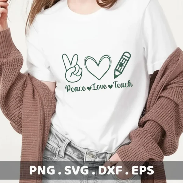 T-shirt mockup with Peace Love Teach SVG design, a digital file for teacher appreciation gifts.