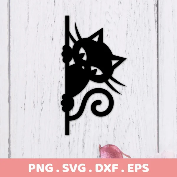 A black peeking cat silhouette SVG digital download bundle, including PNG, DXF, and EPS files, against a white wood background.