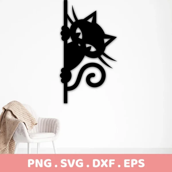 Black peeking cat silhouette SVG digital download bundle (SVG, PNG) displayed on a white wall.